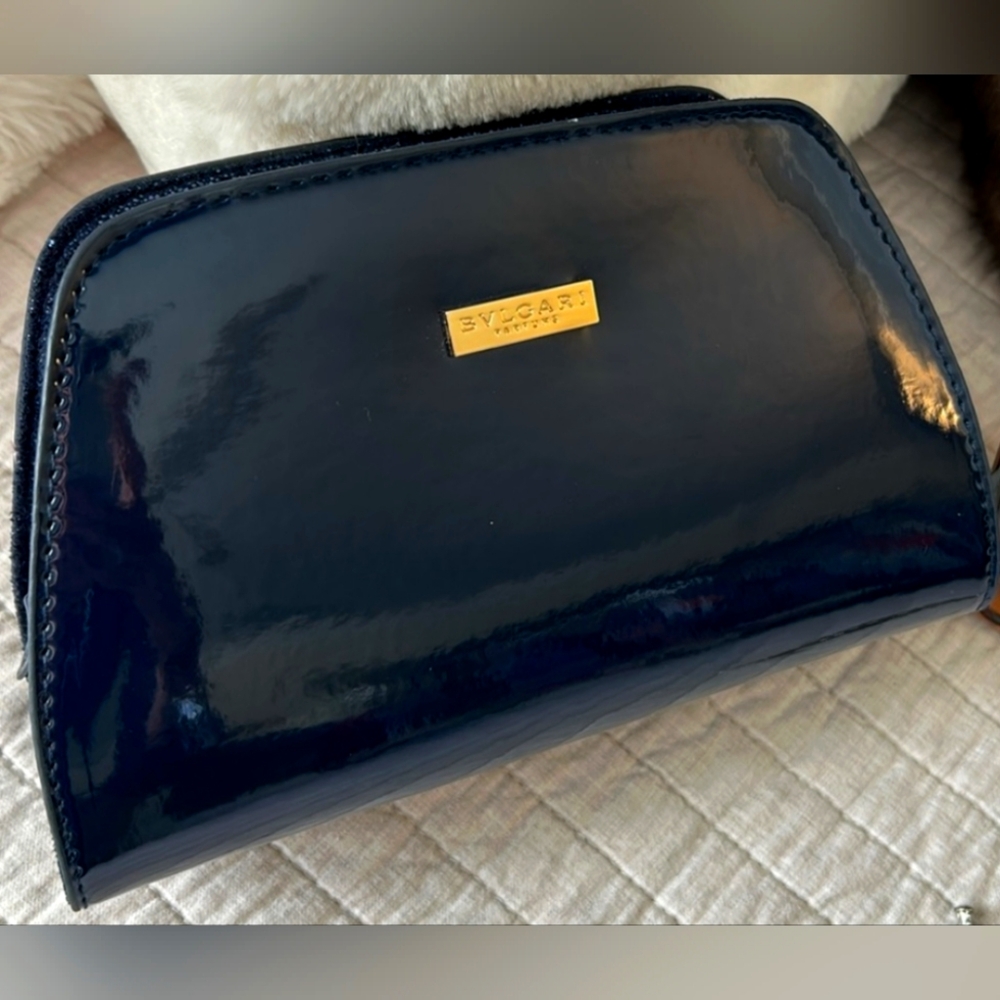 Bvlgari Parfums  Patent Leather Blue Clutch with Glossy Finish and Gold Accents